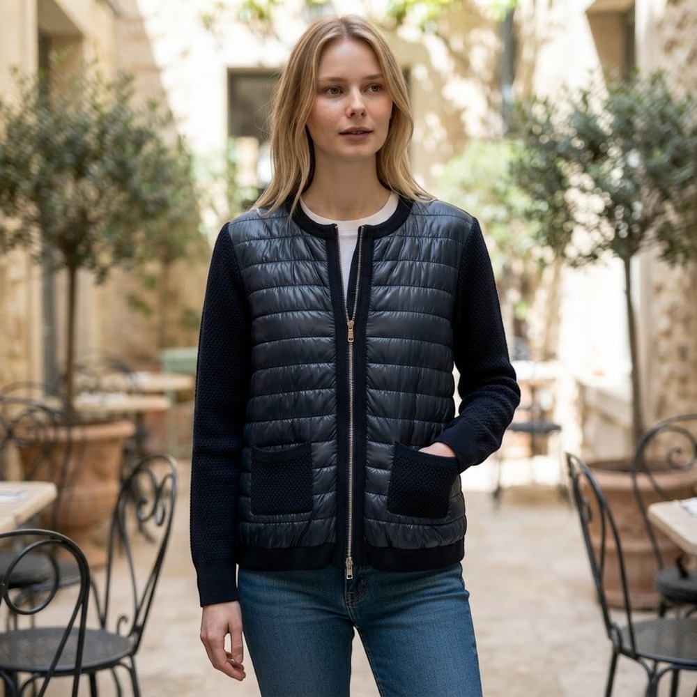 Betty Barclay Navy Blue Hybrid Quilted Puffer Knit Zip Cardigan Jacket Size 10